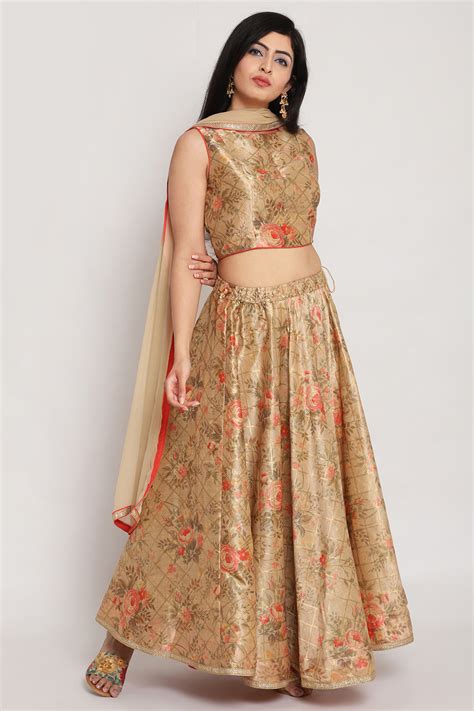 Beige Poly Metallic Floral Lehenga Set at Biba India