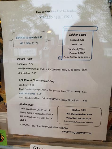 Menu at Yellin' Helen's cafe, Dix