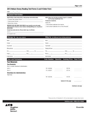 2013 Nelson-Denny Reading Test Order Form - Blank Fillable Template ...