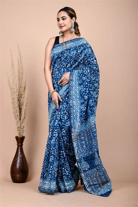 Hand Block Printed Chanderi Silk Saree (indigo Daabu) – Jaipur Tex