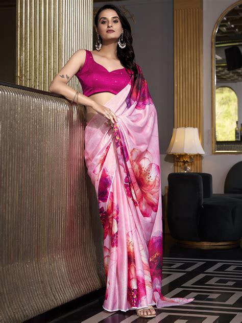 Bright Pink Satin Silk Printed Saree with Moonga Silk Blouse – Trinari