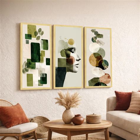 Abstract Botanical & Face Framed Wall Art Set of 3 | Modern Boho Green ...