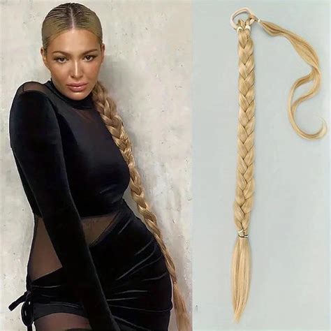 Long Braided Ponytail Extension With Elastic Hair Tie Straight Sleek ...