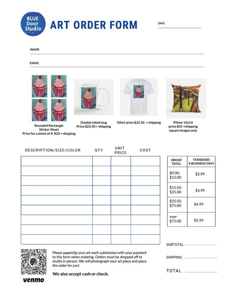 Student Artist Merchandise Order Form | Blue Door Art Studio in Cranston and Lincoln RI