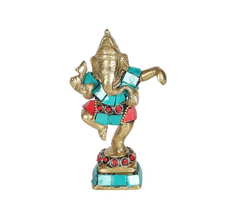Buy Two Moustaches Gemstone Work 4 Inches Brass Dancing Ganesha Statue ...