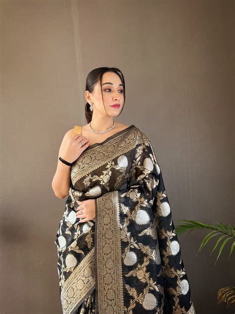 Linen Cotton With Golden Zari Work Black Saree – Organza Mall