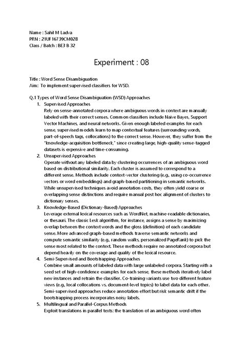 BE3 NLP 32 EX8 - Word Sense Disambiguation Experiment Analysis - Studocu