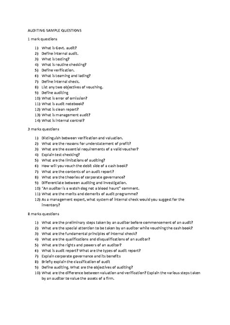 Auditing smple qns - AUDITING SAMPLE QUESTIONS 1 mark questions 1) What ...