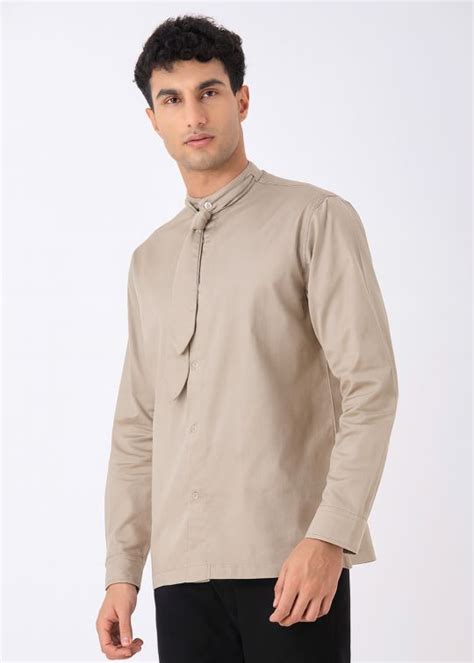 Men Beige Solid Manadarin Collar Shirt With Tie – Kwabey