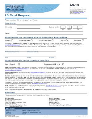 Fillable Online auckland ac AS-13 ID Card Request - The University of ...