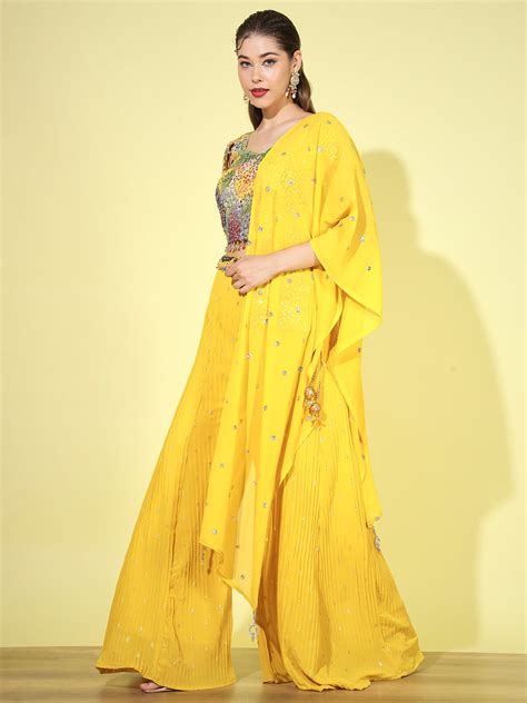 YOTE9600 Resham & Sequin Embroidered Tassled Crop Top with Flared ...