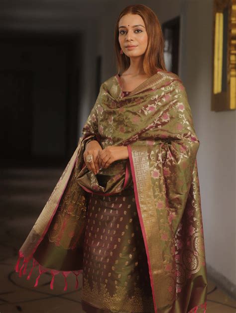 Banarasee Salwar Kameez Semi Katan Silk Fabric With Dupatta-Olive Gree