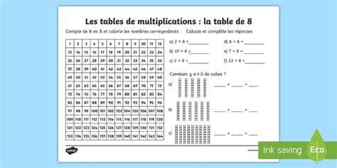 Fiche de calcul: la table de 8 les multiplications Feuille d'activités
