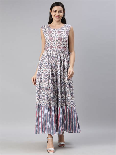 Neerus Women White Blue Floral Printed Cotton Anarkali Kurta – Neerus India