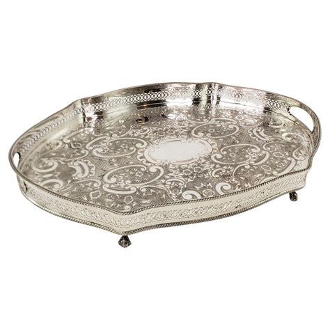 Antique Silver Plated Footed Gallery Serving Tray with Ornate Floral ...