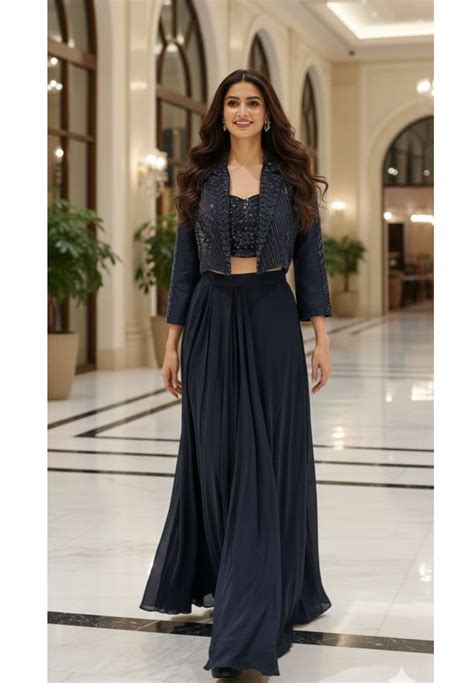 Designer Embroidered Crop top With Crepe Drape skirt DRYWASH