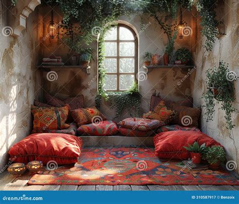 Bohemian Reading Nook with Floor Cushions Tapestries Stock Image ...