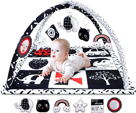 Amazon.com : Black and White Baby Gym Play Mat with 6 Toys Tummy Time ...