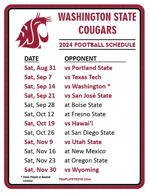 Printable 2024 Washington State Cougars Football Schedule