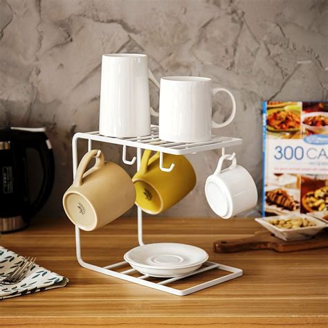 INDIAN DECOR 2-Tier Dish Drying Rack with 6 Mug Hooks, Kitchen ...