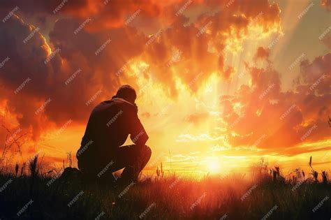 Christian prayer Man on his knees praying on sunset background Kneeling ...