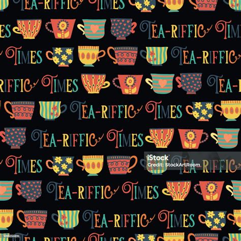 Çay Bardak Vektör Seamless Modeli Siyah Arka Plan Çay Harika Kez Yazı Cinas Çay Saati Elle ...