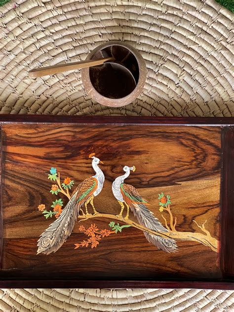 Wood inlay work hand made tray (16 x 10 inches) - peacocks on a tree ...