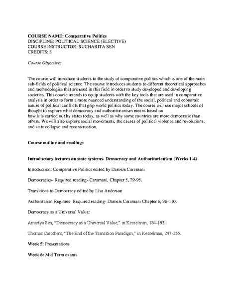 Comparative politics - lecture notes to help you all - COURSE NAME ...
