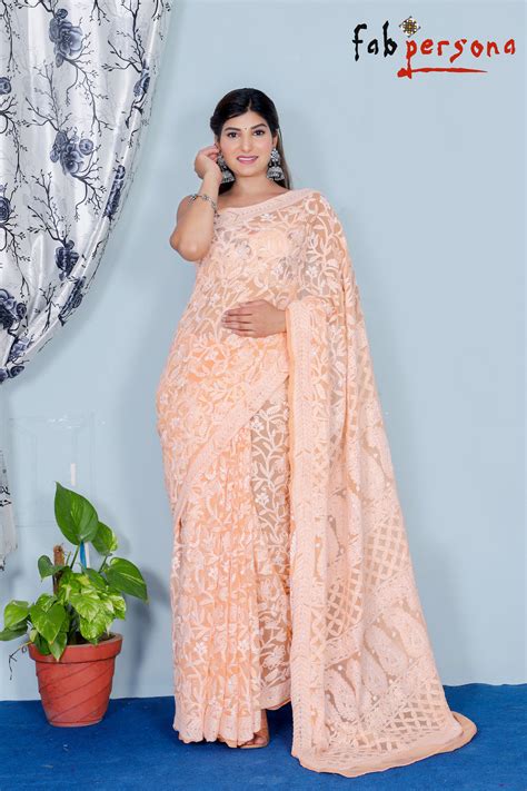 Chiffon Georgette All Over Jaal Chikankari Saree With Heavy Hand Work ...