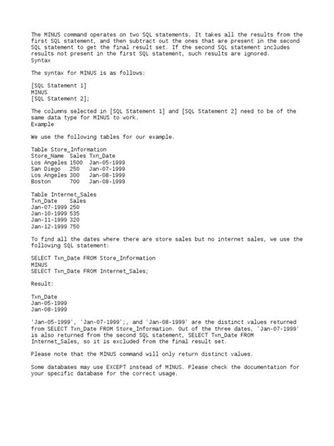 Image result for Minus Command in SQL