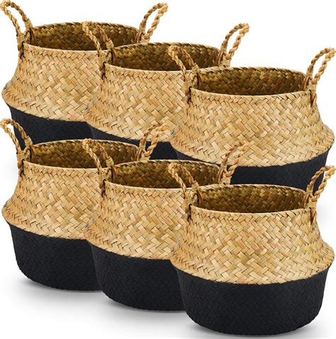 Ziliny 6 Pcs Large Seagrass Wicker Plant Basket 10.24 Inch Belly Basket ...