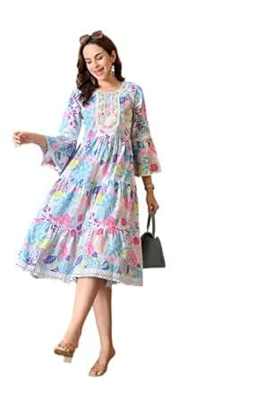 Buy LIBOZA 100% Cotton Floral Print Tiered Midi Dress, Bell Sleeves ...