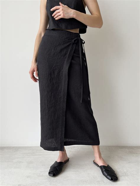 Linen Wrap Skirt With Slit, Black Linen Skirt, Maxi Wrap Skirt for Women, Long Wrap Skirt, Boho ...