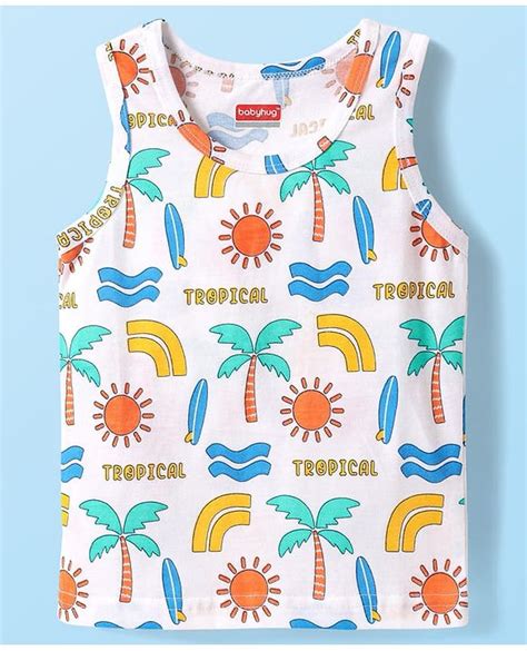 Babyhug 100% Cotton Single Jersey Knit Sando With Tropical Print - White