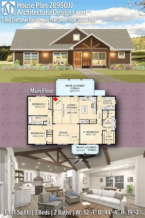 Plan 28950JJ: 3-Bed Craftsman Ranch House Plan Under 1500 Square Feet ...