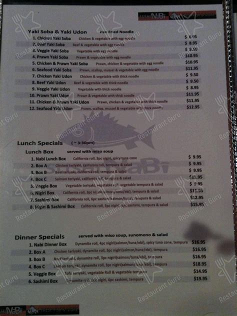 Menu at Sushi Nabi restaurant, Chilliwack