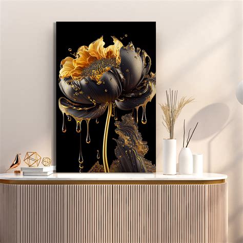 Luxury Black and Golden Flower Canvas Print for Living Room Bedroom Ho ...