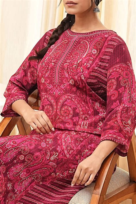 Buy Burgundy Crepe Printed Straight Kurta Set Online at Biba India