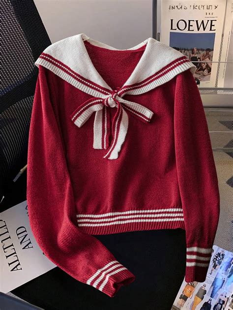 Flirla Plus Size Women Navy Collar Collegiate Stripe Long Sleeve ...