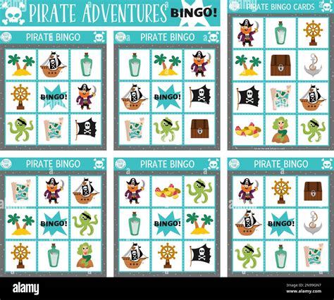 Vector pirate bingo cards set. Fun treasure island lotto board game ...