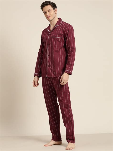 Hancock Men Maroon Stripes Pure Cotton Regular Fit Night Wear Night Suit