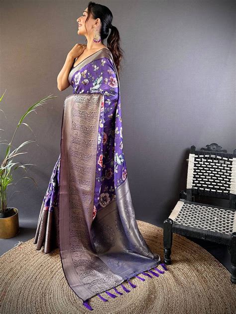 Lavender Satin Silk Floral Print Saree Online Vastranand