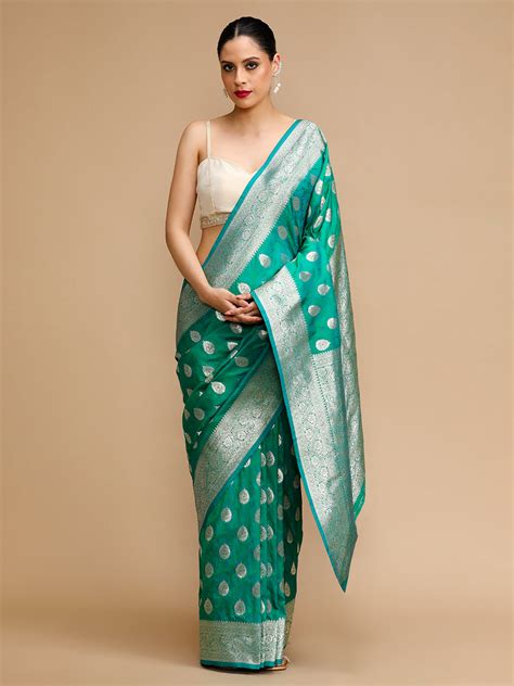 Buy Teal Green Woven Jacquard Lichi Silk Saree Online - MySilkLove