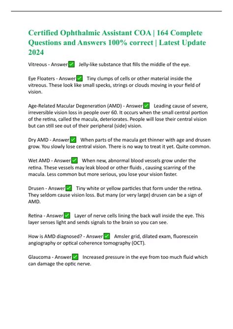 Certified Ophthalmic Assistant COA | 164 Complete Questions and Answers ...