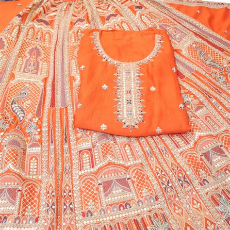 Set 36-9th Oct - Radiant Orange Chinnon Kurta - Heavy Meankari Wokred ...