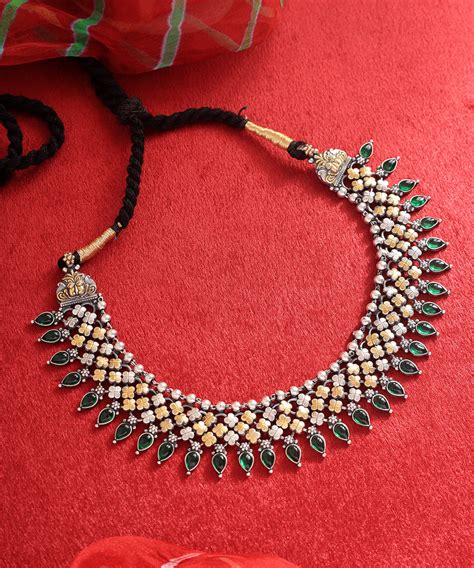 Ruchi Handcrafted Oxidised Pure Silver Necklace With Kempstones ...
