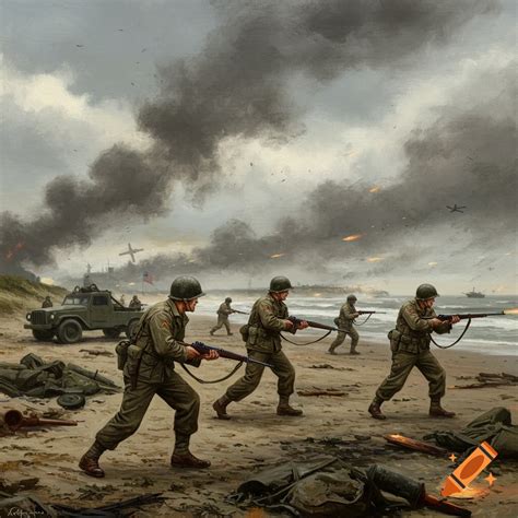 Dramatic oil painting of American soldiers storming Normandy beach in a realistic fantasy style ...