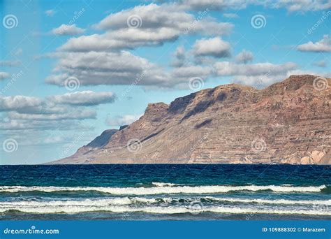 Landscape with Volcanic Hills and Atlantic Ocean in Lanzarote Stock ...