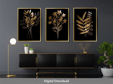 3 Piece Wall Art Black and Gold Art Gold Botanical Digital - Etsy