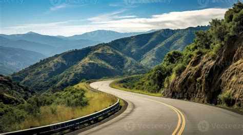 Mountain road. Landscape with rocks, sunny sky with clouds and ...